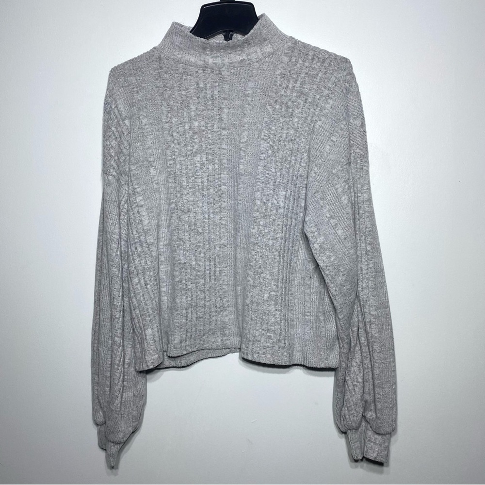 Shein Women's Pullover Sweater Sz M Gray Ribbed Knitted Mock Neck Balloon Sleeve